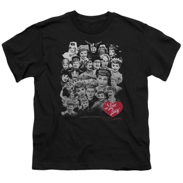 Black youth t-shirt for ages 8 to 12 with I Love Lucy 60 Years Of Fun graphic