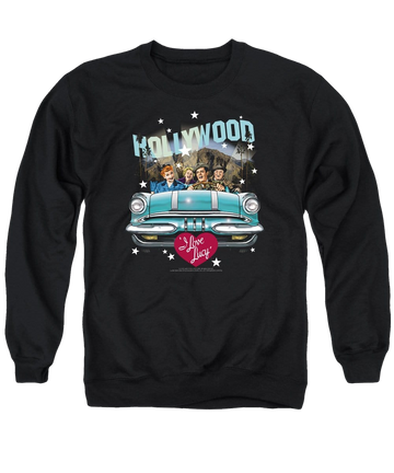 Black men's crewneck sweatshirt with I Love Lucy Hollywood Road Trip graphic