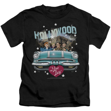 Black kid's t-shirt for ages 4 to 7 with I Love Lucy Hollywood Road Trip graphic