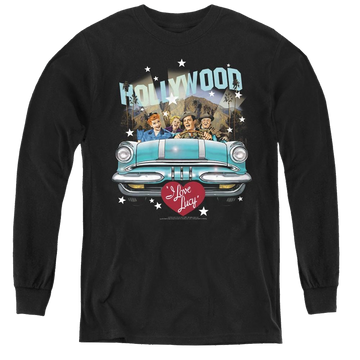 Black youth long sleeve t-shirt with I Love Lucy Hollywood Road Trip graphic