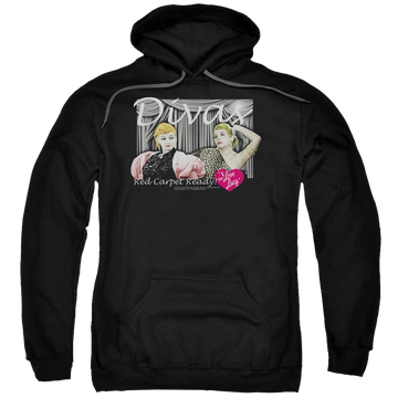 Black pullover hoodie with I Love Lucy Divas graphic