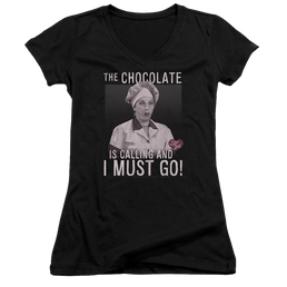 I Love Lucy Chocolate Calling Juniors V-Neck T-Shirt Juniors V-Neck T-Shirt I Love Lucy   
