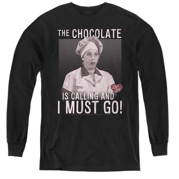 Black youth long sleeve t-shirt with I Love Lucy Chocolate Calling graphic
