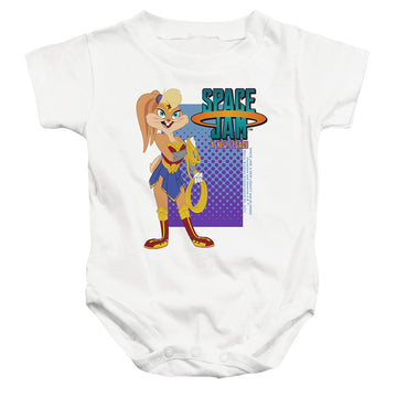 White baby bodysuit with Space Jam - A New Legacy Lola Wonder Woman graphic