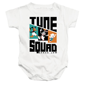 White baby bodysuit with Space Jam - A New Legacy Tune Squad Pattern Characters graphic