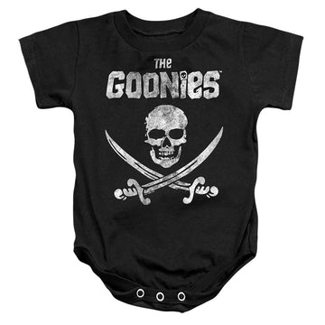 Black baby bodysuit with The Goonies Flag 1 graphic