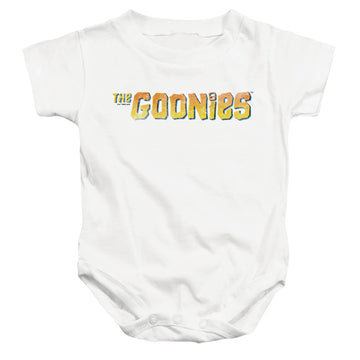 White baby bodysuit with The Goonies Logo graphic
