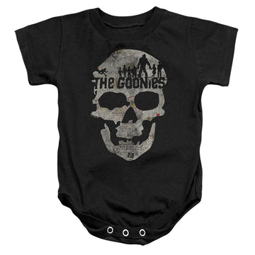 Black baby bodysuit with The Goonies Skull 1 graphic