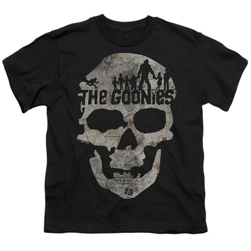 Black youth t-shirt for ages 8 to 12 with The Goonies Skull 1 graphic