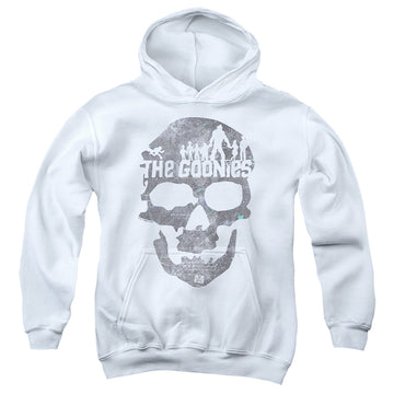 White youth hoodie for ages 8 to 12 with The Goonies Skull 2 graphic