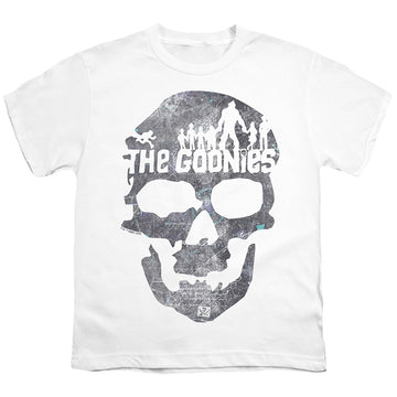 White youth t-shirt for ages 8 to 12 with The Goonies Skull 2 graphic