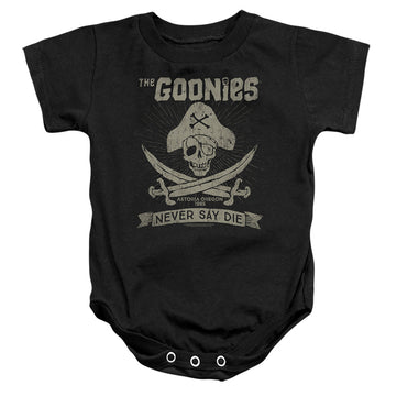 Black baby bodysuit with The Goonies Never Say Die graphic