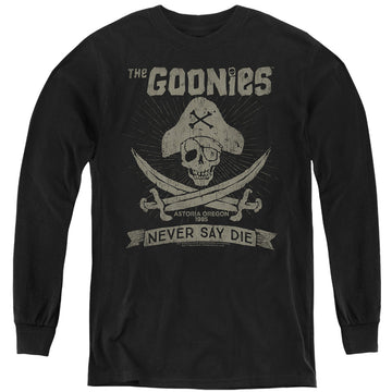 Black youth long sleeve t-shirt with The Goonies Never Say Die graphic