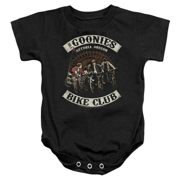 Black baby bodysuit with The Goonies Bike Club graphic