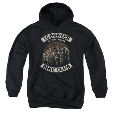 Black youth hoodie for ages 8 to 12 with The Goonies Bike Club graphic