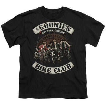 Black youth t-shirt for ages 8 to 12 with The Goonies Bike Club graphic