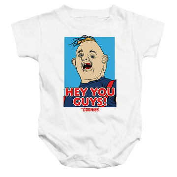 White baby bodysuit with The Goonies Sloth Hey You Guys graphic