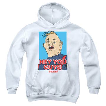 White youth hoodie for ages 8 to 12 with The Goonies Sloth Hey You Guys graphic