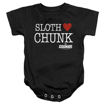 Black baby bodysuit with The Goonies Sloth Heart Chunk graphic
