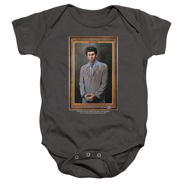 Charcoal baby bodysuit with Seinfeld Kramer Portrait graphic