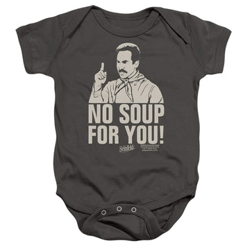 Charcoal baby bodysuit with Seinfeld No Soup graphic