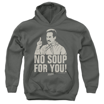 Charcoal youth hoodie for ages 8 to 12 with Seinfeld No Soup graphic