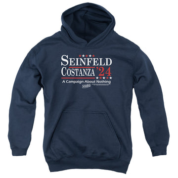 Navy youth hoodie for ages 8 to 12 with Seinfeld Election Tee graphic