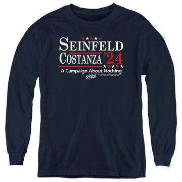 Navy youth long sleeve t-shirt with Seinfeld Election Tee graphic