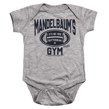 Athletic heather baby bodysuit with Seinfeld Madelbaum's Gym graphic