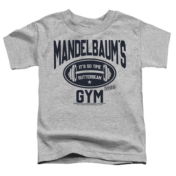 Athletic heather toddler t-shirt with Seinfeld Madelbaum's Gym graphic