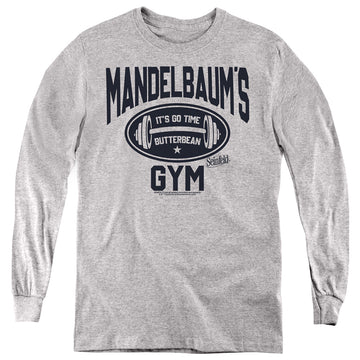 Athletic heather youth long sleeve t-shirt with Seinfeld Madelbaum's Gym graphic