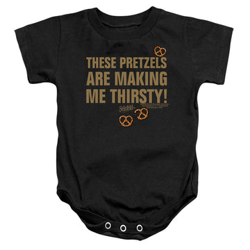 Black baby bodysuit with Seinfeld Pretzels Thirsty graphic