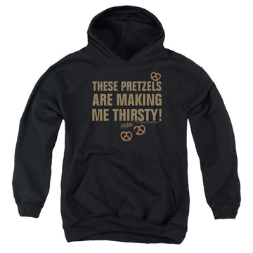 Black youth hoodie for ages 8 to 12 with Seinfeld Pretzels Thirsty graphic