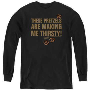 Black youth long sleeve t-shirt with Seinfeld Pretzels Thirsty graphic