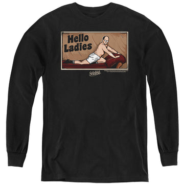 Black youth long sleeve t-shirt with Seinfeld Hello Ladies graphic