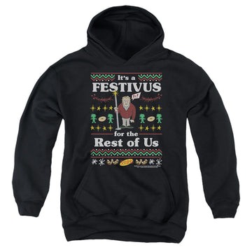 Black youth hoodie for ages 8 to 12 with Seinfeld Festive Festivus graphic