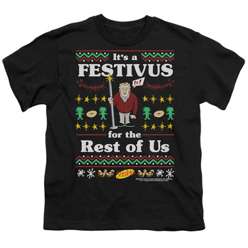 Black youth t-shirt for ages 8 to 12 with Seinfeld Festive Festivus graphic