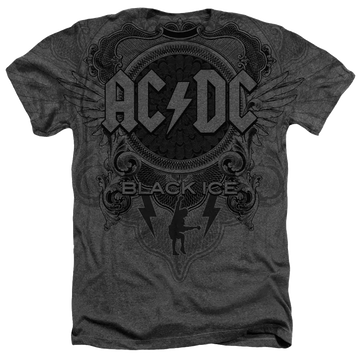 Heather gray AC/DC Black Ice graphic T-shirt with bold band logo and lightning bolt design.