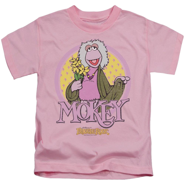 Pink kid's t-shirt for ages 4 to 7 with Fraggle Rock Mokey Circle graphic
