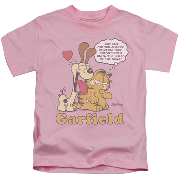 Pink kid's t-shirt for ages 4 to 7 with Garfield Cant Win graphic