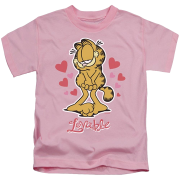 Pink kid's t-shirt for ages 4 to 7 with Garfield Lovable graphic