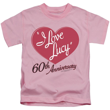Pink kid's t-shirt for ages 4 to 7 with I Love Lucy 60th Anniversary graphic