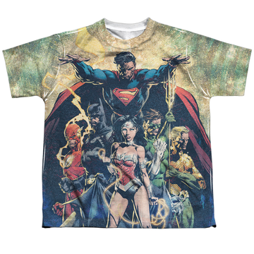 Justice League Power youth all-over print t-shirt for ages 8 to 12