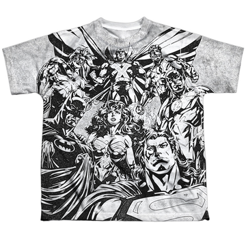 Justice League Graphic Gathering youth all-over print t-shirt for ages 8 to 12