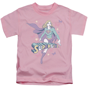 Pink kid's t-shirt for ages 4 to 7 with Superman Supergirl Pastels graphic