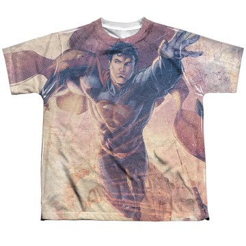 Superman Soar Above youth all-over print t-shirt for ages 8 to 12