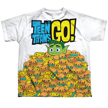 Teen Titans Go! Burgers & Dogs youth all-over print t-shirt for ages 8 to 12