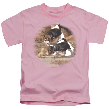 Pink kid's t-shirt for ages 4 to 7 with Wild Wings Getting Acquainted graphic