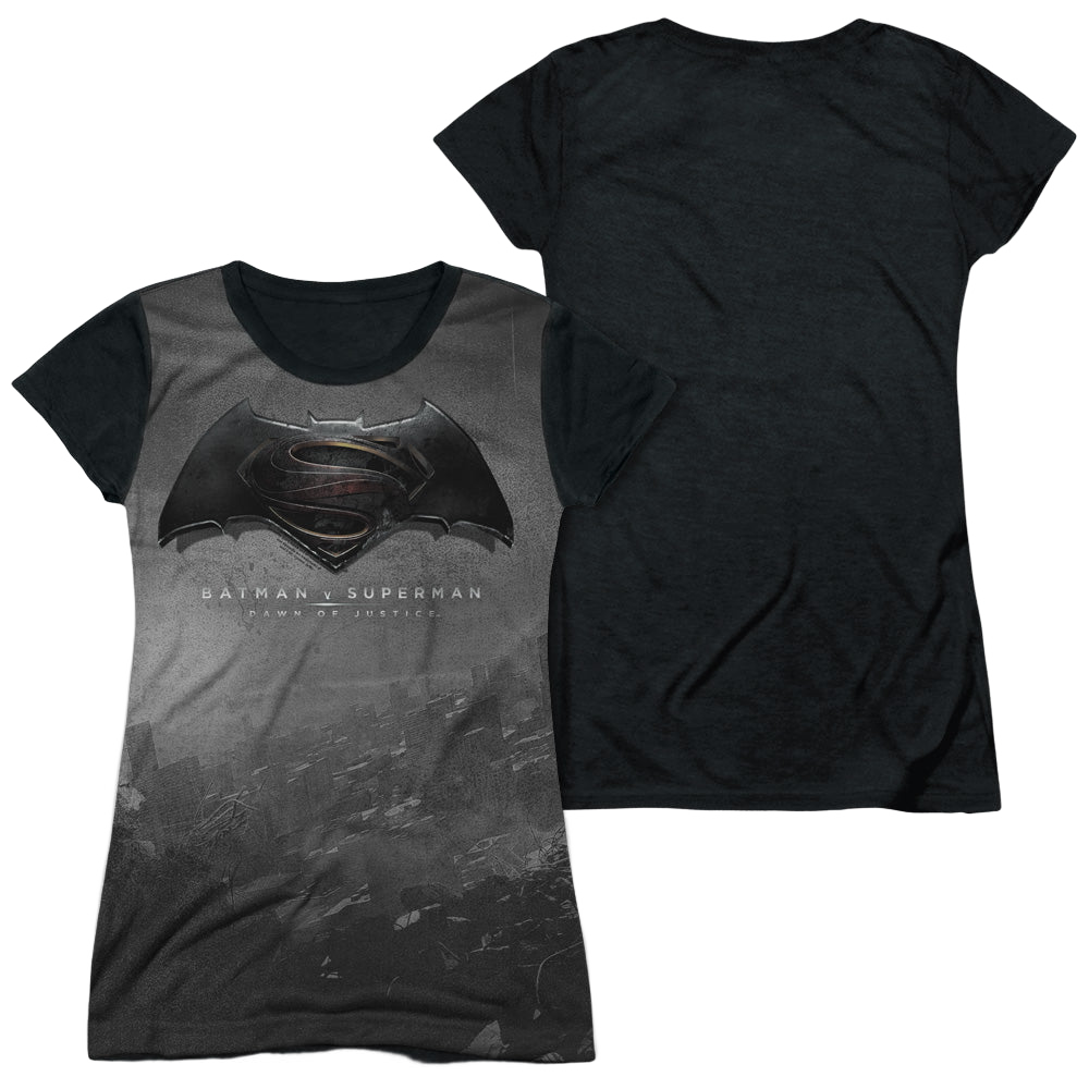 Batman v Superman Logo City - Juniors Black Back T-Shirt Juniors Black Back T-Shirt Batman   