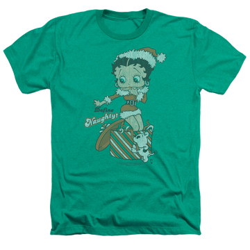Kelly green men's heather t-shirt with Betty Boop Define Naughty graphic